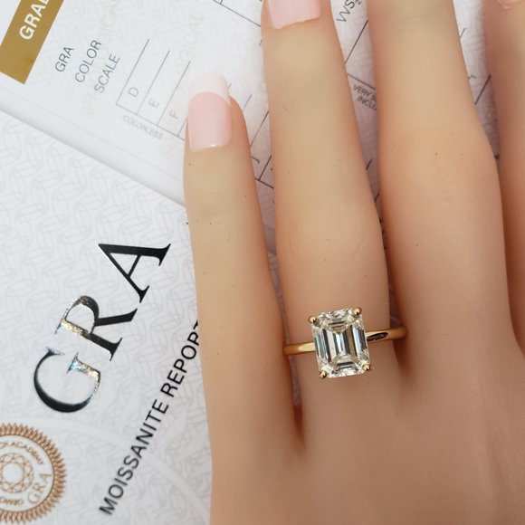 14K Yellow Gold 3 Carats Emerald Cut Moissanite Engagement Ring - Picture 4 of 14